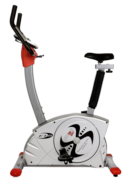 dette er en Top Sport Ergometer ET 6 Motionscykel i farven sølv med røde detaljer.